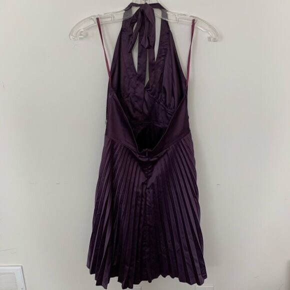 Purple Halter Pleated Satin Jewelled Dress - Picture 2 of 2